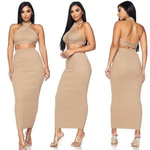 🧡 Ribbed Knit Crop Top & Midi Skirt Set - Mocha